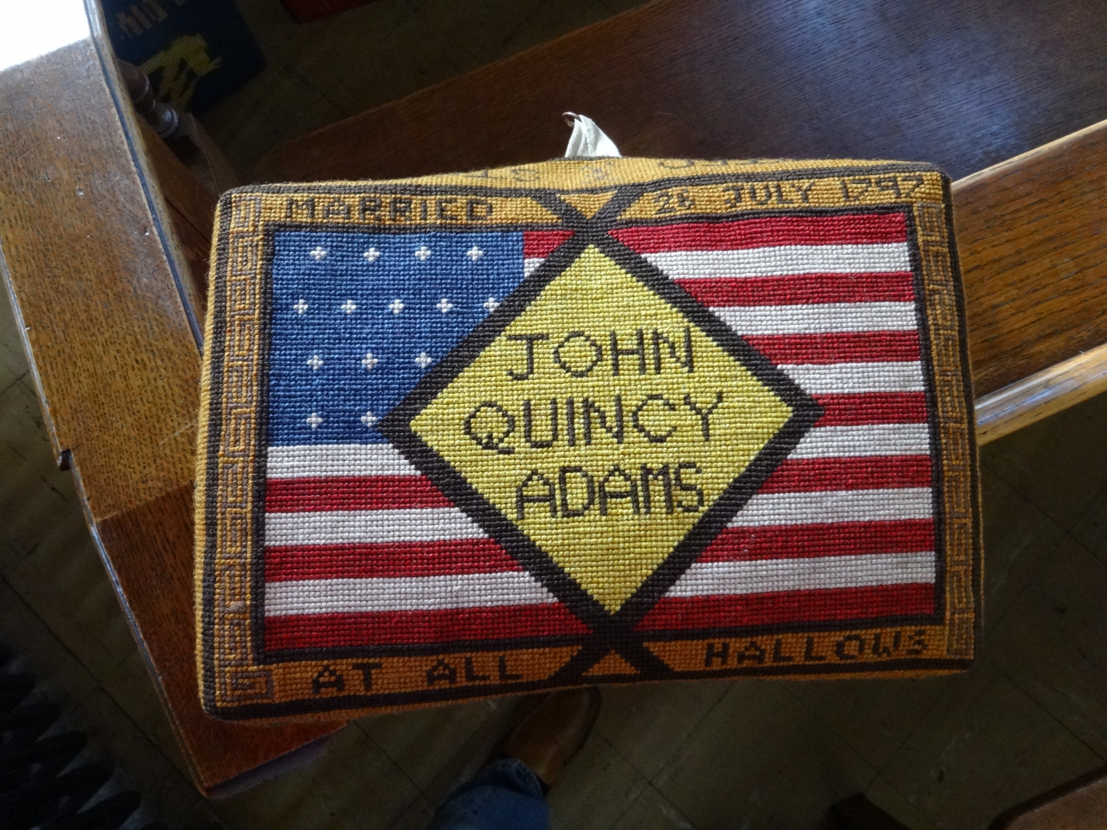 photo of a kneeler pad commemorating John Quincy Adams