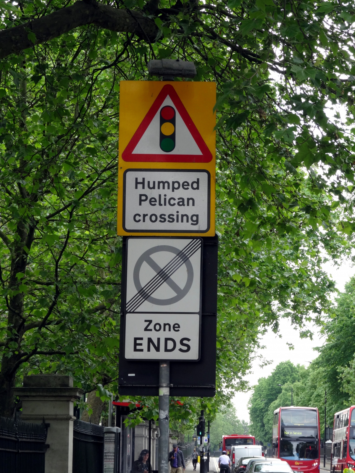 photo of street sign for "Humped Pelican Crossing"